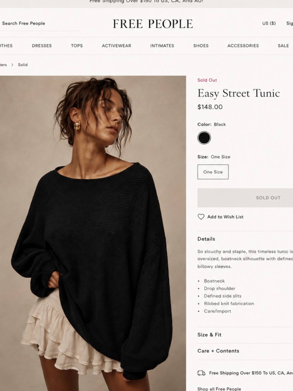 Free People Oversized Boatneck Tunic Sweater - Black